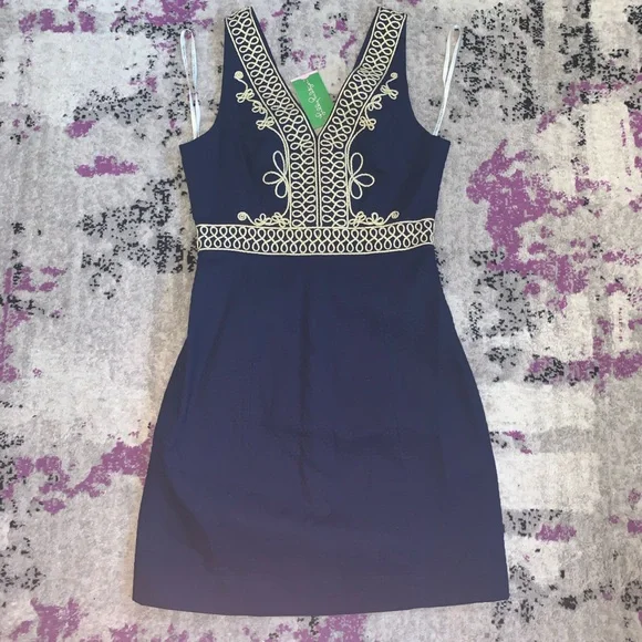 navy and gold lilly dress Lilly Pulitzer Xs Rachelle Navy Gold Crochet Swing Mini Dress
